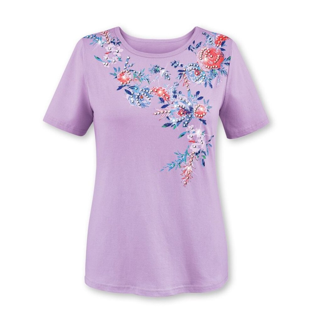 New XXL Lavender Cascading Floral Sparkling Sequin Short Sleeve Knit Top